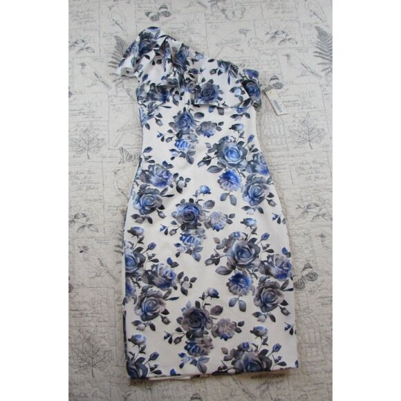 New ELIZA J Metallic One Shoulder Floral Print Ruffle Pencil Dress White Blue 2 - Picture 3 of 11